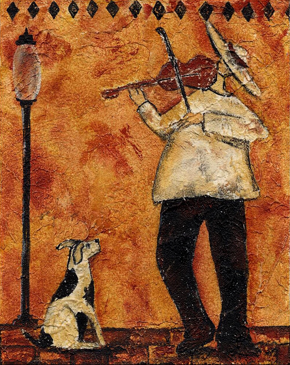 Hubbs Art Folk Prints Whimsical Italian Animal Dog  Music Instrument Violin Fiddler